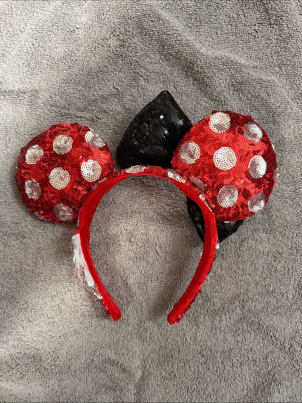 Disney Red Sequin Polka Dot Minnie Ear Headband with Black Bow - Picture 2 of 2